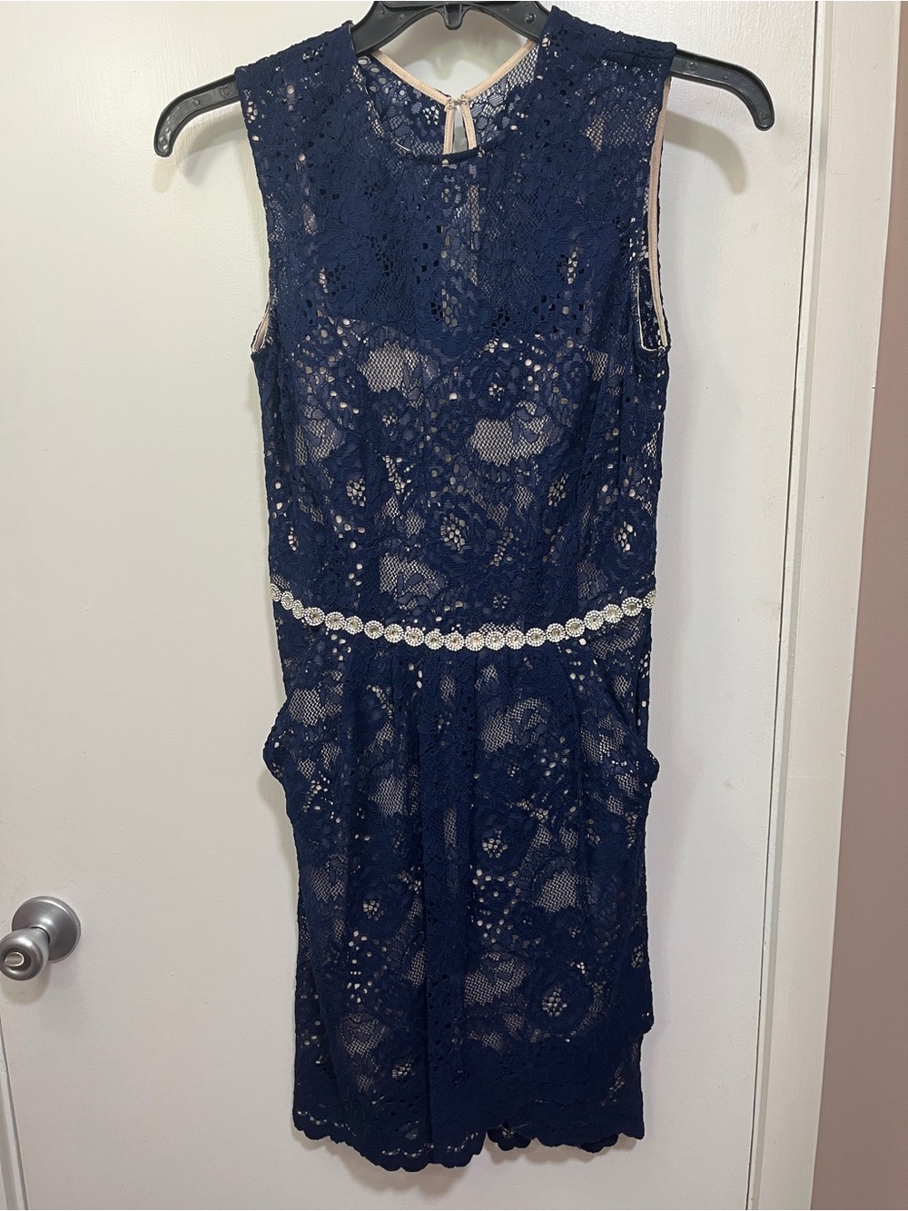 City Triangles Navy Lace Sleeveless Mini with Beaded Waist